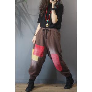 Baggy-Fit Color Block Cotton Pants Women Korean Fleece Trousers