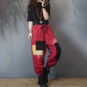 Baggy-Fit Color Block Cotton Pants Women Korean Fleece Trousers