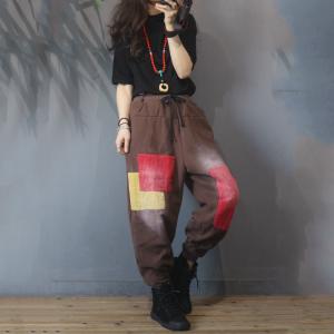 Baggy-Fit Color Block Cotton Pants Women Korean Fleece Trousers