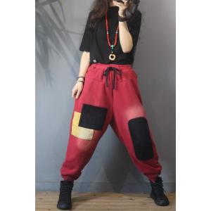 Baggy-Fit Color Block Cotton Pants Women Korean Fleece Trousers