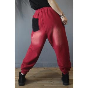 Baggy-Fit Color Block Cotton Pants Women Korean Fleece Trousers