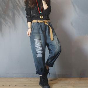 Letter Prints Korean  Baggy Jeans Fleece Lining Winter Jeans for Women