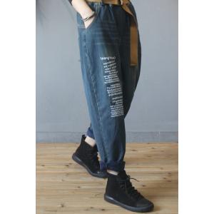 Letter Prints Korean  Baggy Jeans Fleece Lining Winter Jeans for Women