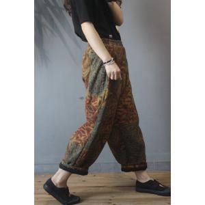 Folk Style Cotton Linen Quilted Pants Baggy Paisley Trousers