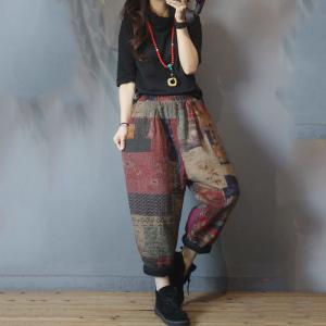 Cotton Linen Printing Ethnic Pants Loose Quilted Trousers for Senior Women