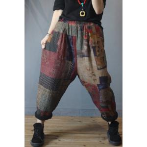 Cotton Linen Printing Ethnic Pants Loose Quilted Trousers for Senior Women