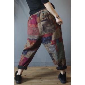 Cotton Linen Printing Ethnic Pants Loose Quilted Trousers for Senior Women