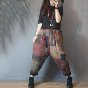 Cotton Linen Printing Ethnic Pants Loose Quilted Trousers for Senior Women