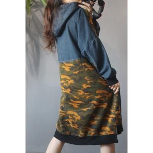 Patched Pockets Denim Hooded Dress Plus Size Fleece Camouflage Hoodie