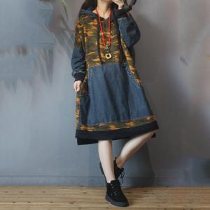 Patched Pockets Denim Hooded Dress Plus Size Fleece Camouflage Hoodie