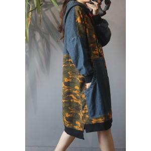Patched Pockets Denim Hooded Dress Plus Size Fleece Camouflage Hoodie