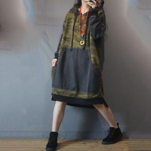 Patched Pockets Denim Hooded Dress Plus Size Fleece Camouflage Hoodie