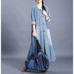 Single-Breasted Long Denim Coat Baggy Blue Outerwear