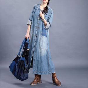 Single-Breasted Long Denim Coat Baggy Blue Outerwear