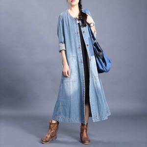 Single-Breasted Long Denim Coat Baggy Blue Outerwear