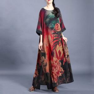 Peony Printed Plus Size Slit Dress Spring Vintage Maxi Dress