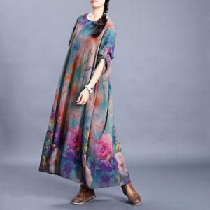 Vintage Blue Printed Pleated Dress Large Silk Swing Dress