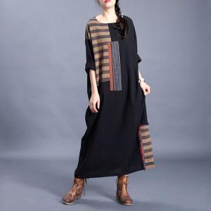Striped Patchwork Cotton Linen Caftan Plus Size Black Jellabiya
