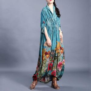 Empire Waist Pleated Tent Dress Flowers Plus Size Vintage Dress