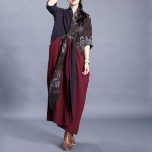 Maroon Contrast Front Knot Dress Cotton Linen Printed Wrap Dress