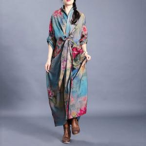 Knot Front Blue Printed Maxi Dress Asymmetrical Silk Vintage Dress