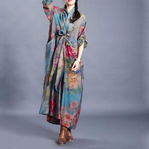 Knot Front Blue Printed Maxi Dress Asymmetrical Silk Vintage Dress