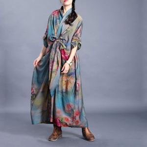Knot Front Blue Printed Maxi Dress Asymmetrical Silk Vintage Dress