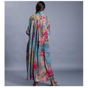 Knot Front Blue Printed Maxi Dress Asymmetrical Silk Vintage Dress
