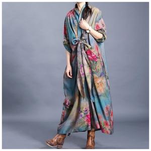 Knot Front Blue Printed Maxi Dress Asymmetrical Silk Vintage Dress