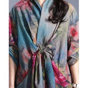 Knot Front Blue Printed Maxi Dress Asymmetrical Silk Vintage Dress