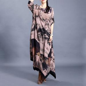 Asymmetrical Hem Chinese Dress Printed Maxi Loose Dress