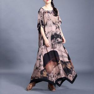 Asymmetrical Hem Chinese Dress Printed Maxi Loose Dress