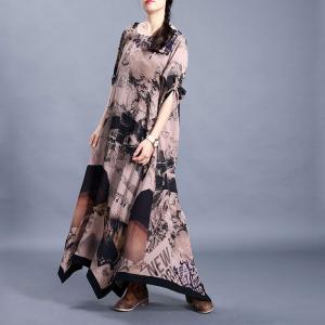 Asymmetrical Hem Chinese Dress Printed Maxi Loose Dress