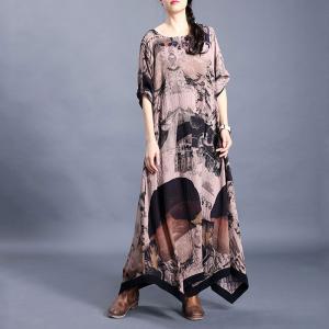 Asymmetrical Hem Chinese Dress Printed Maxi Loose Dress