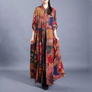 Colorful Flowers Tie Knot Shirt Dress Silky Modest Caftans