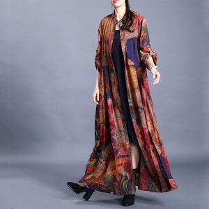 Colorful Flowers Tie Knot Shirt Dress Silky Modest Caftans