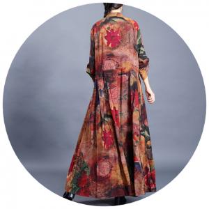 Colorful Flowers Tie Knot Shirt Dress Silky Modest Caftans