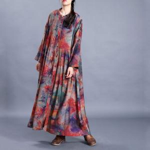 Single-Breasted Pleated Shirt Dress Loose Red Printed Modest Dress