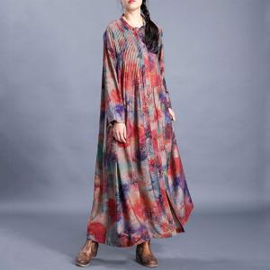 Single-Breasted Pleated Shirt Dress Loose Red Printed Modest Dress