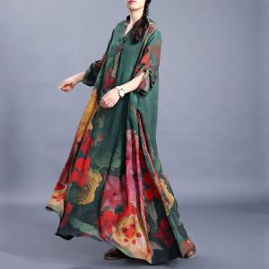 Modest Fashion Red Flowers Green Dress Loose Silk Resort Wear