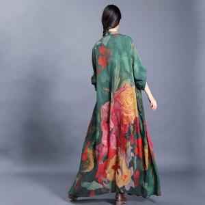 Modest Fashion Red Flowers Green Dress Loose Silk Resort Wear