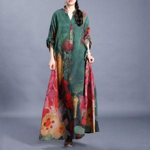 Modest Fashion Red Flowers Green Dress Loose Silk Resort Wear