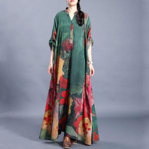 Modest Fashion Red Flowers Green Dress Loose Silk Resort Wear