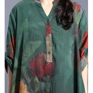 Modest Fashion Red Flowers Green Dress Loose Silk Resort Wear