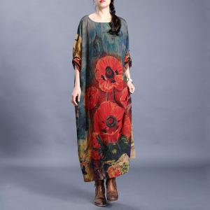 Vintage Flowers Plus Size Vacation Dress Crew Neck Shift Dress