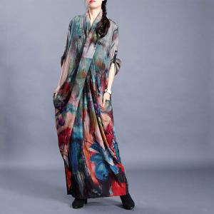 Back Slits Printed Plus Size Maxi Dress Long Sleeve Pleated Modest Dress