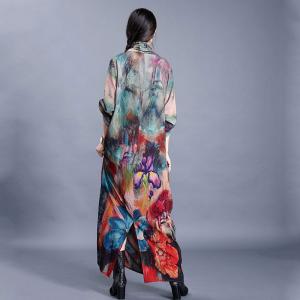 Back Slits Printed Plus Size Maxi Dress Long Sleeve Pleated Modest Dress