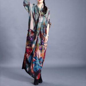 Back Slits Printed Plus Size Maxi Dress Long Sleeve Pleated Modest Dress