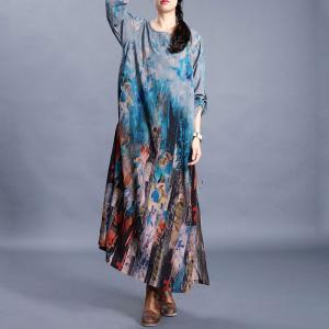 Senior Women Side Drawstring Shift Dress Baggy Blue Caftan