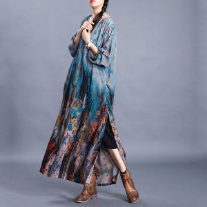 Senior Women Side Drawstring Shift Dress Baggy Blue Caftan